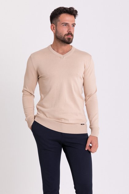 Plain Slim Fit V-Neck Men's Sweater Beige - 11356.21K