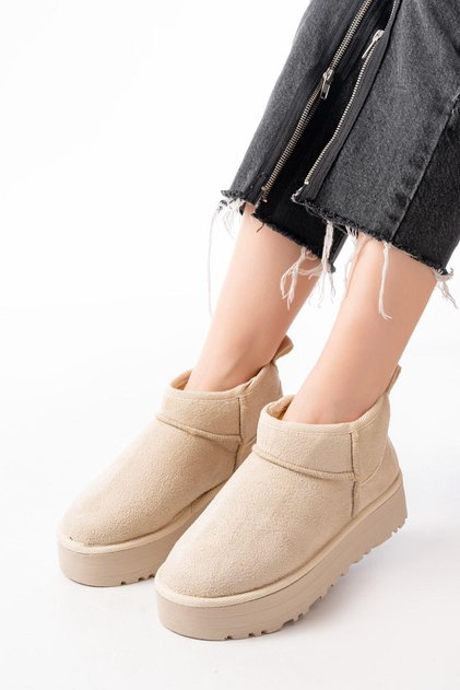 Ndr-2850 Beige Suede Fur Lined Winter Closed Toe Women's Casual Slippers
