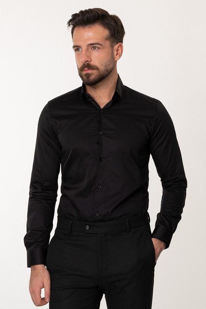 Plain Slim Fit Classic Men's Shirt Black - 37165.15K