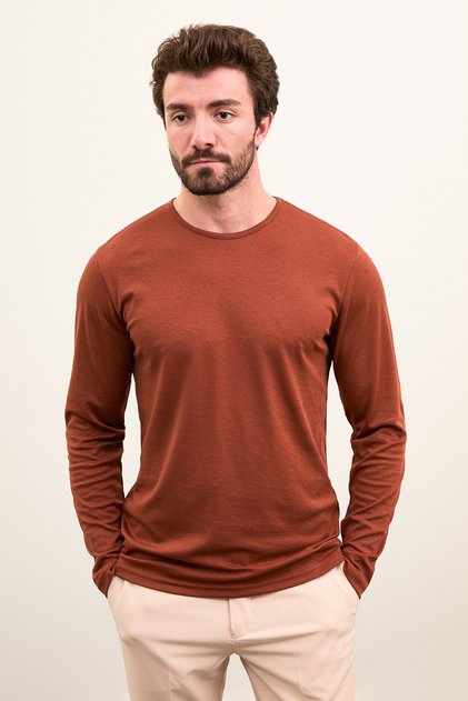 Plain Slim Fit Long Sleeve Crew Neck Men's T-Shirt Tile - 36671.21K