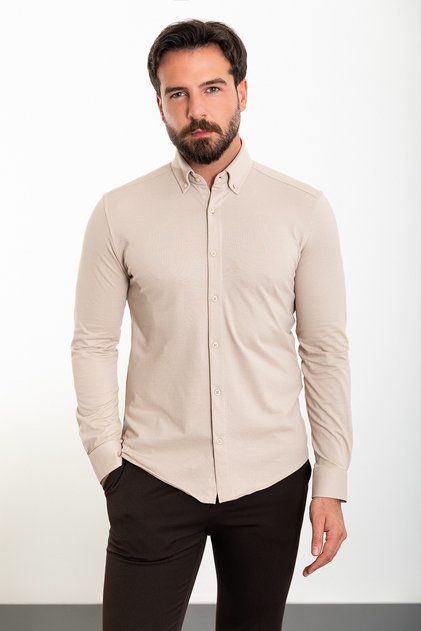 Plain Slim Fit Men's Shirt Beige - 37844.23K