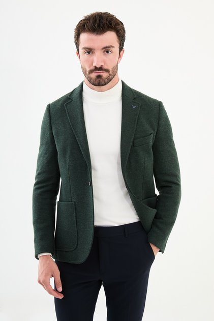 Düz Slim Fit Torba Cep Mono Yaka Yün Erkek Ceket Haki - 44310.24k