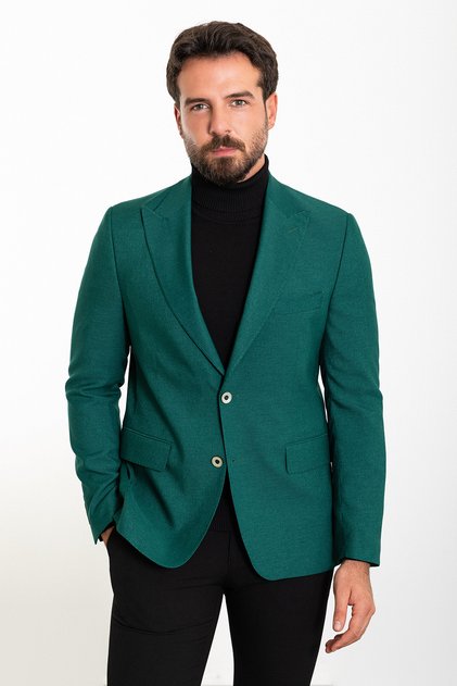 Straight Slim Fit Wide Collar Wool Men's Jacket Green - 40339.23K