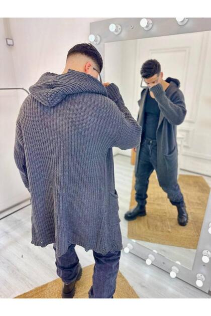 Cardigan Hooded Pocket Natural Cotton Laser Cut Ripped Detailed Knitted Knitwear Long Poncho Cardigan