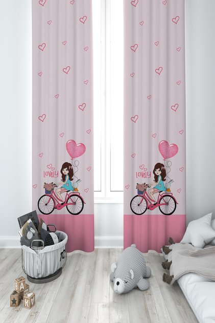BABY AND KIDS ROOM Girl on a Bicycle and Heart Balloon Patterned Pink 2 Wing Background Curtain