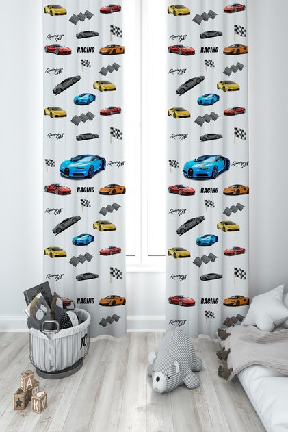 BABY AND KIDS ROOM Race Cars Patterned 2 Wing Background Curtain