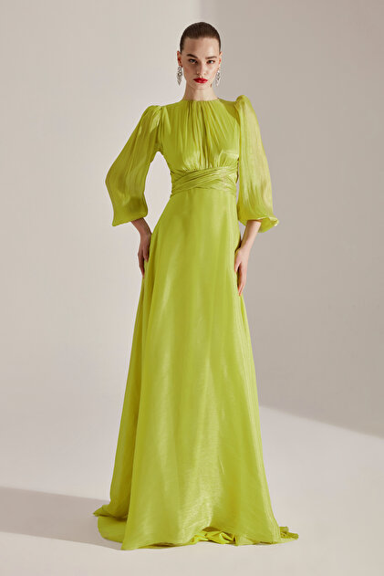 Betty & Sam Polina Pistachio Green Balloon Sleeve Flared Dress- Trendyol