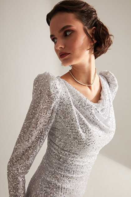Betty & Sam Plunging Neckline Pencil Skirt Silver Glitter Sequin Engagement Dress- Trendyol Betty & Sam Plunging Neckline Pencil Skirt Silver Glitter Sequin Engagement Dress- Trendyol