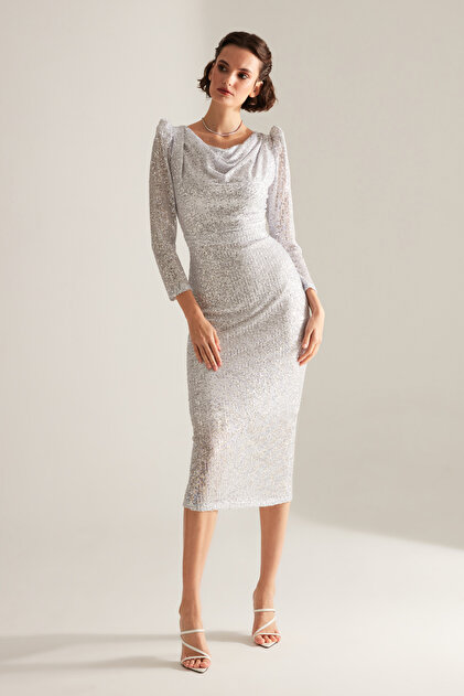 Betty & Sam Plunging Neckline Pencil Skirt Silver Glitter Sequin Engagement  Dress- Trendyol