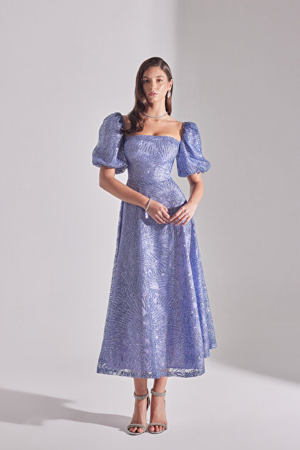 SARAH Sparkly Balloon Sleeve Ruffled Midi Length Engagement Dress