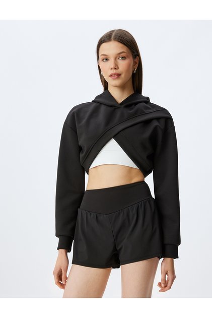 Hooded Asymmetrical Cut Layered Crop Comfortable Fit Sweatshirt Interlock