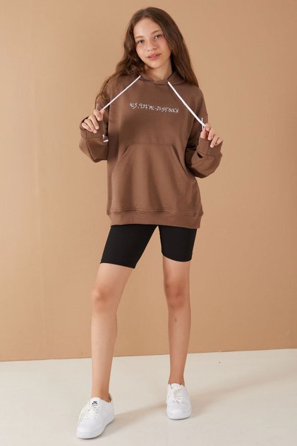 Brown Printed Girls' Striped Hooded Sweatshirt 19221