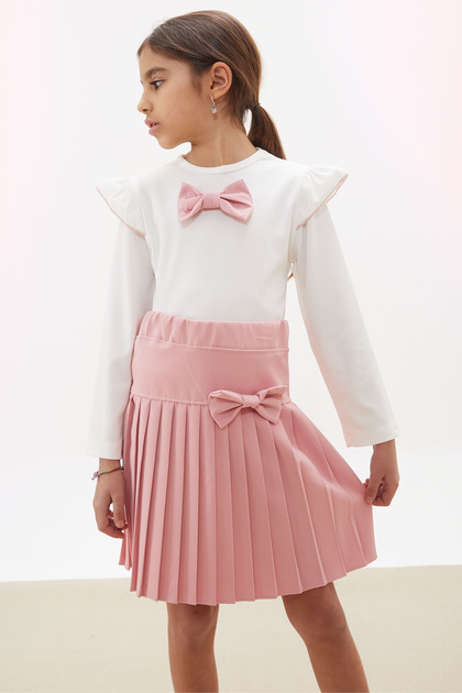 Dried Rose Pleated Skirt Long Sleeve Badi Girl's Dress Set 17744
