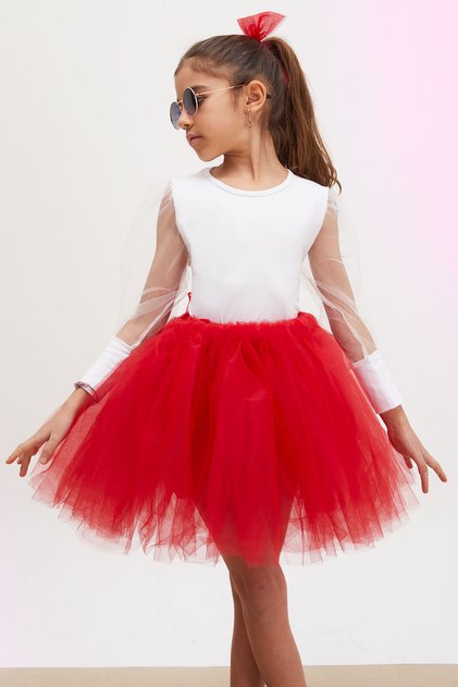 Girl's Dress Set with Red Tutu Skirt and Tulle Blouse Sleeves 17732
