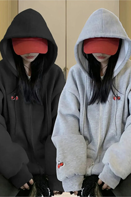 2'li Siyah Kiraz Baskılı Gri Renk Fermuarlı Mevsimlik Sweatshirt