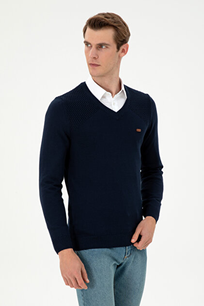 Men's Slim Fit V-Neck Navy Blue Sweater 50297063-Vr033