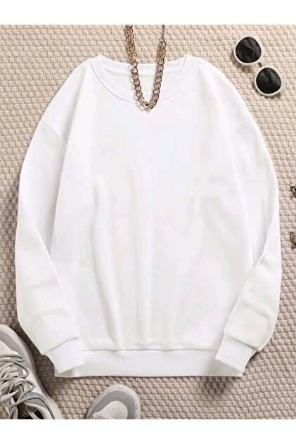 Unisex White Crew Neck Plain Unprinted Wide Fit Cotton Ribbed Sweatshirt