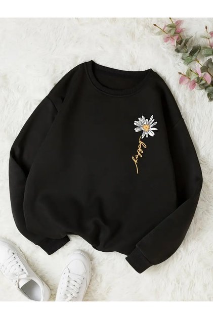 Floral Printed Black Crew Neck Oversize Hooded Unisex Sweatshirt