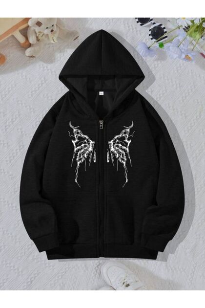 Butterfly Design Cotton Kids Zip Cardigan - Black Printed Girls Boys Winter Hoodie