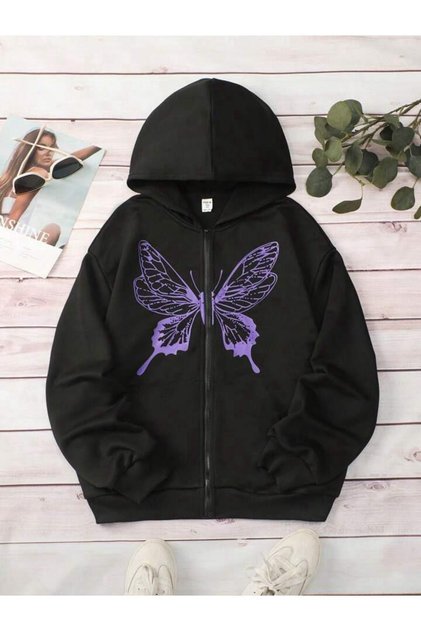 Purple Butterfly Logo Cotton Children's Zipper Cardigan - Black Printed Girls Boys Winter Hoodie