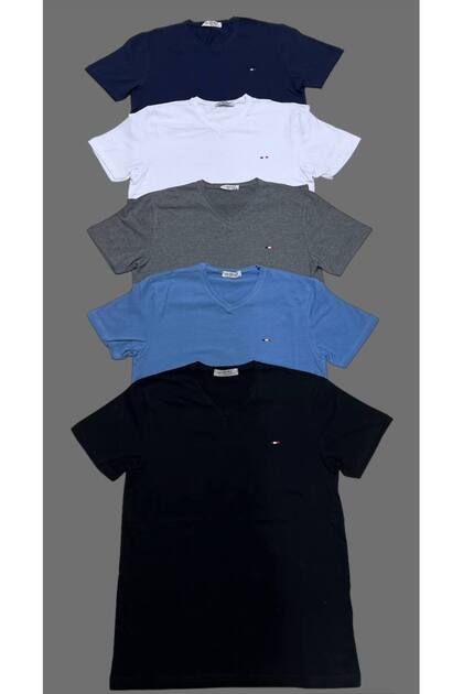 Men's Cotton Lycra Slim Fit V-neck T-shirt 5 Pack
