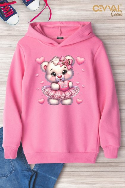 Beary Hearts Printed Hooded Oversize Children's Sweat Shirt