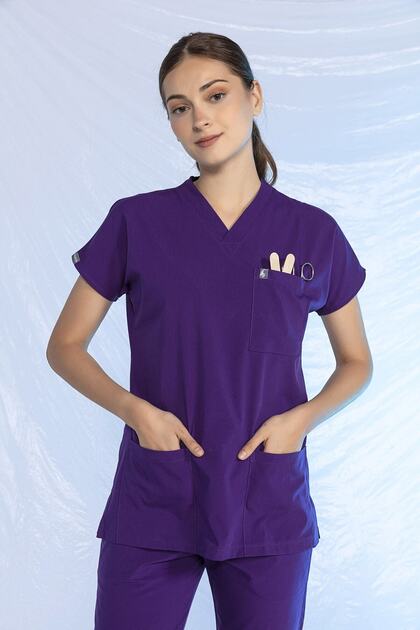 Lycra Bat Sleeve Nurse Uniform Single Top Purple