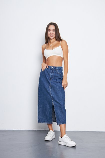 Blue Front Slit Midi Denim Skirt