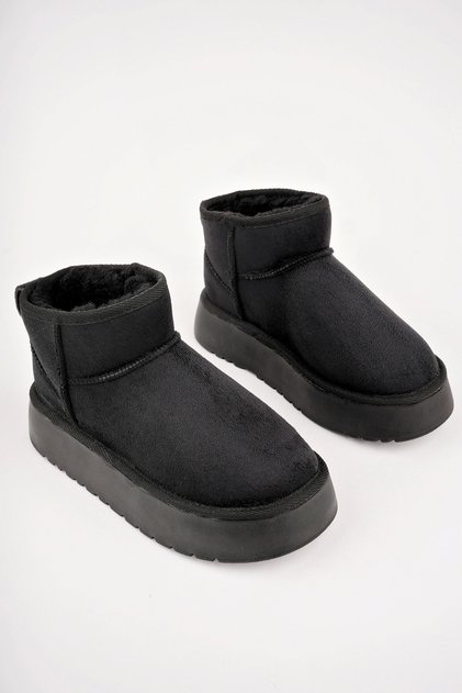 Women's Mini Black Suede Ankle Boots with Furry Inside and Flat Sole