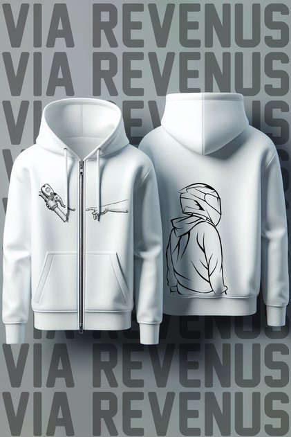 Biker Front and Back Printed Unisex Zippered Hooded White Sweatshirt Cardigan