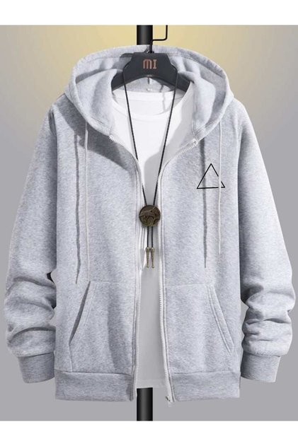 Triangle Sweatshirt Zippered Cardigan - Gray Printed Oversized Winter Hoodie with Pockets