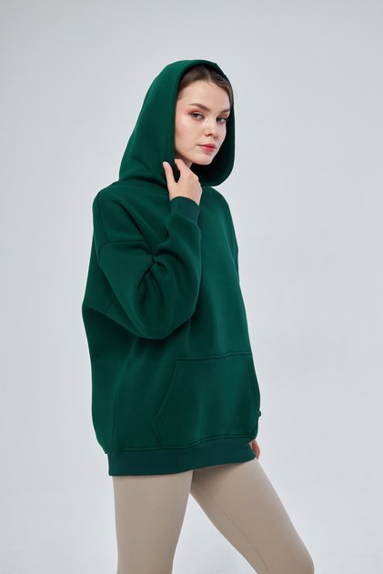 Unisex Koyu Yeşil Basic Sweatshirt Hoodie %100 Pamuklu
