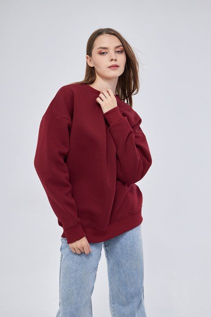 Unisex Bordo Renk Basic Sweatshirt Bisiklet Yaka Hoodie %100 Pamuklu