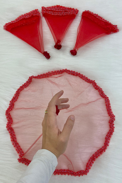 Red Bride Groom Halay Handkerchief, Glass Beads and Pearls, Henna Night Bride Wedding Bridesmaid Promise Engagement