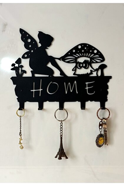 Metal Duvar Anahtar Askısı Peri Kızı Home Yazılı Anahtarlık Ev Dekorasyon Askılığı BOYUT: 15*21*3 CM