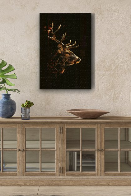 Doğal Çizim Geyik Portresi Yağlı Boya Görünümlü HD Dijital Baskı Dikey kanvas Tablo2332