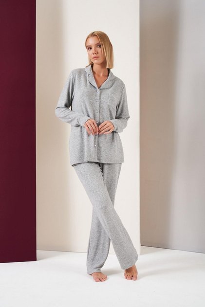 Women's Buttoned Piping Long Sleeve Soft Pajama Set with Six Pockets