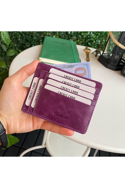 Flerna - Ultra Thin Genuine Leather Purple Card Holder Wallet with Coin Case, Rfid Protection