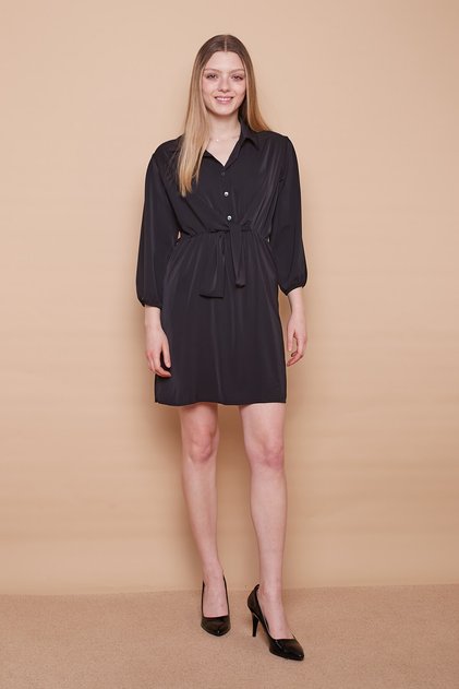 Collared Buttoned Capri Sleeve Lined Spring Dress-Black