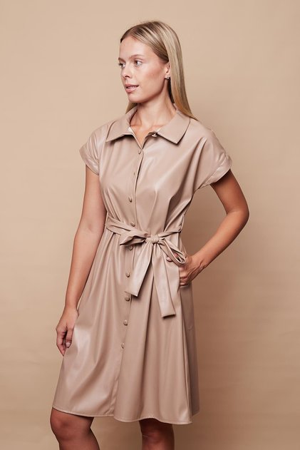 Women's Light Lycra Ecological Leather Collared Off-Shoulder Side Pocket Buttoned Knee-Length Dress-Beige