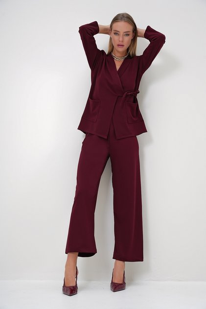 Women's Plum Double-Breasted Crepe Jacket and Trousers Set with Tie-Collar Detail and Double Pockets ALC-X12896