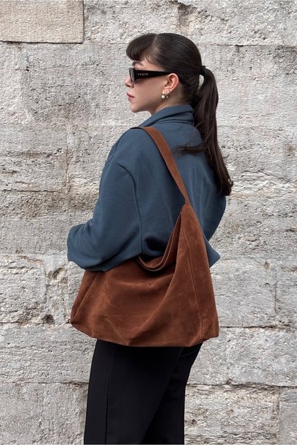 Süet Creme Salaş Görünümlü Shopper Çanta - Taba