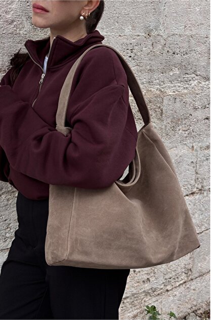 Süet Creme Salaş Görünümlü Shopper Çanta - Vizon