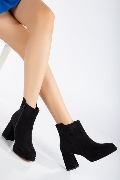 Women's Platform Heeled Boots Black Suede Flat Zipper Closure