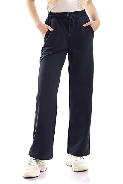 Women's Seasonal Loose Wide Comfortable Leg Navy Blue Sweatpants with Side Pockets