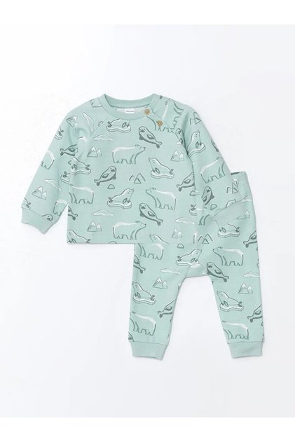 Lcw Baby Green Printed Crew Neck Printed Baby Boy Cardigan and Pants 2-Piece Set