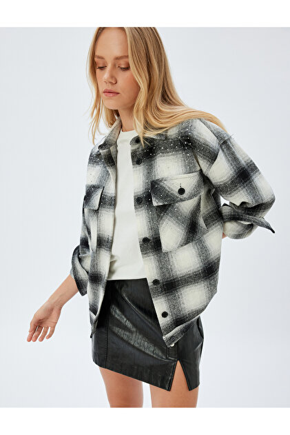 Stoned Shirt Jacket with Long Sleeves and Hip-Length Flap Pocket Detail