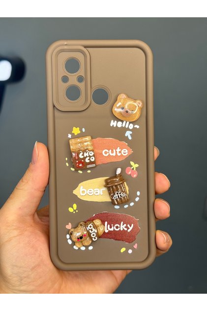 Redmi 12C Case Designed Patterned Camera Protected Teddy Bear Coffee Color Soft Silicone Cover