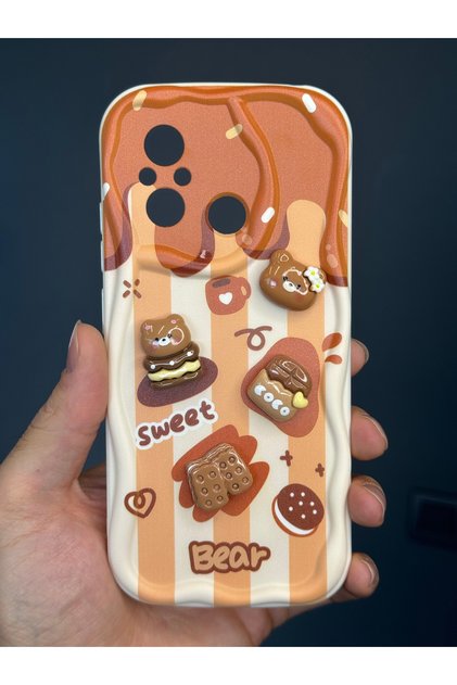 Redmi 12C Case Designed with Patterned Camera Protection Teddy Bear Biscuit Color Coffee Silicone Cover