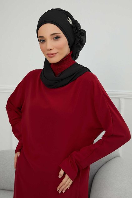 Chiffon Ready-Made Turban with Side Ruffles and Silver Accessories,Ht-106,Ht-106,Black